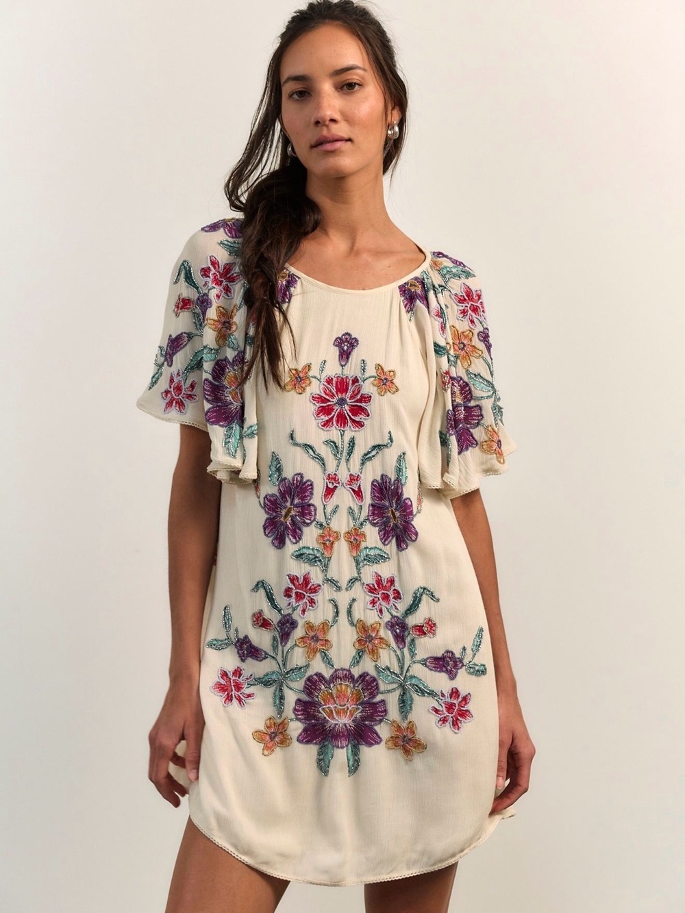 Free People Cream Embroidered Floral Shift Dress with Purple & Pink Accents
